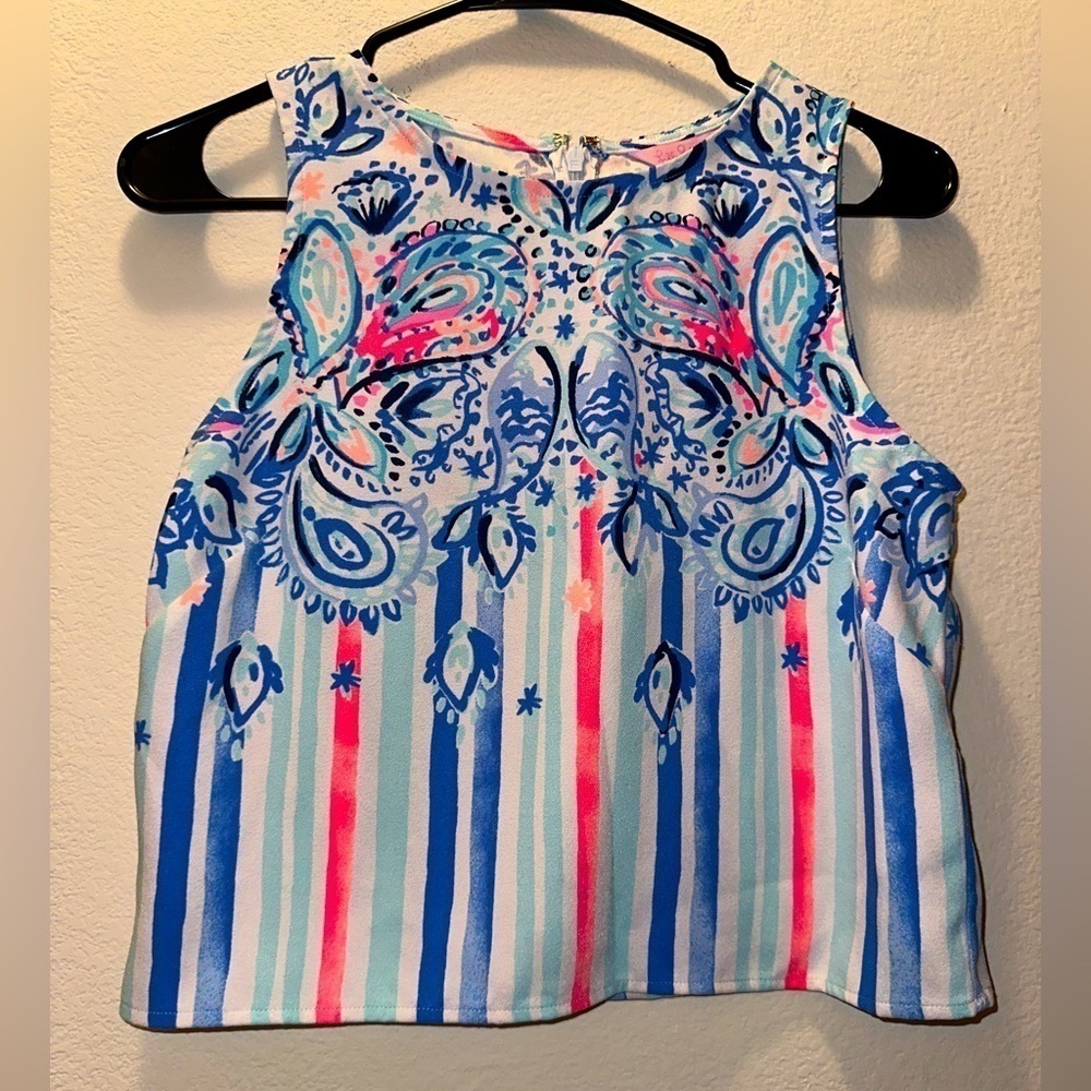 Lilly Pulitzer women’s neon pink and blue paisley striped cropped tank 0
